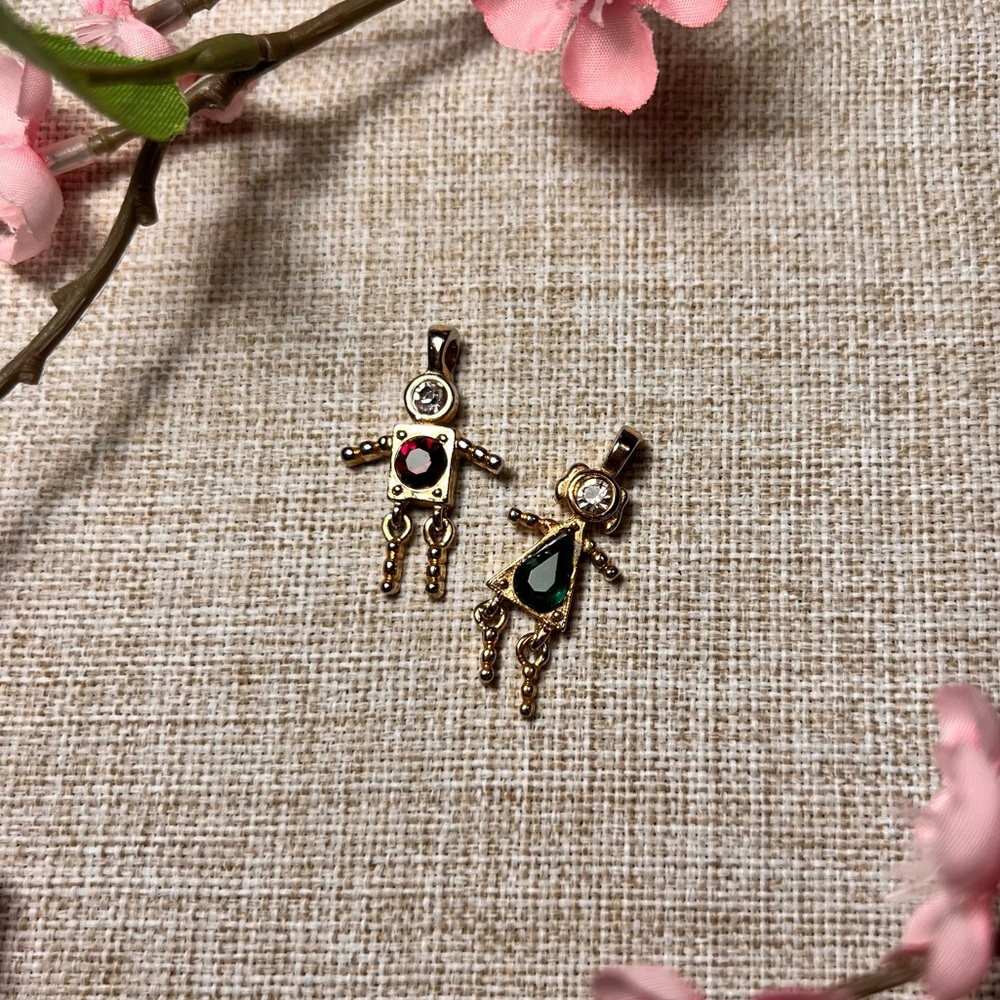 VINTAGE Gold Dangly Robot Necklace Pendants with Emerald and Ruby Crystals